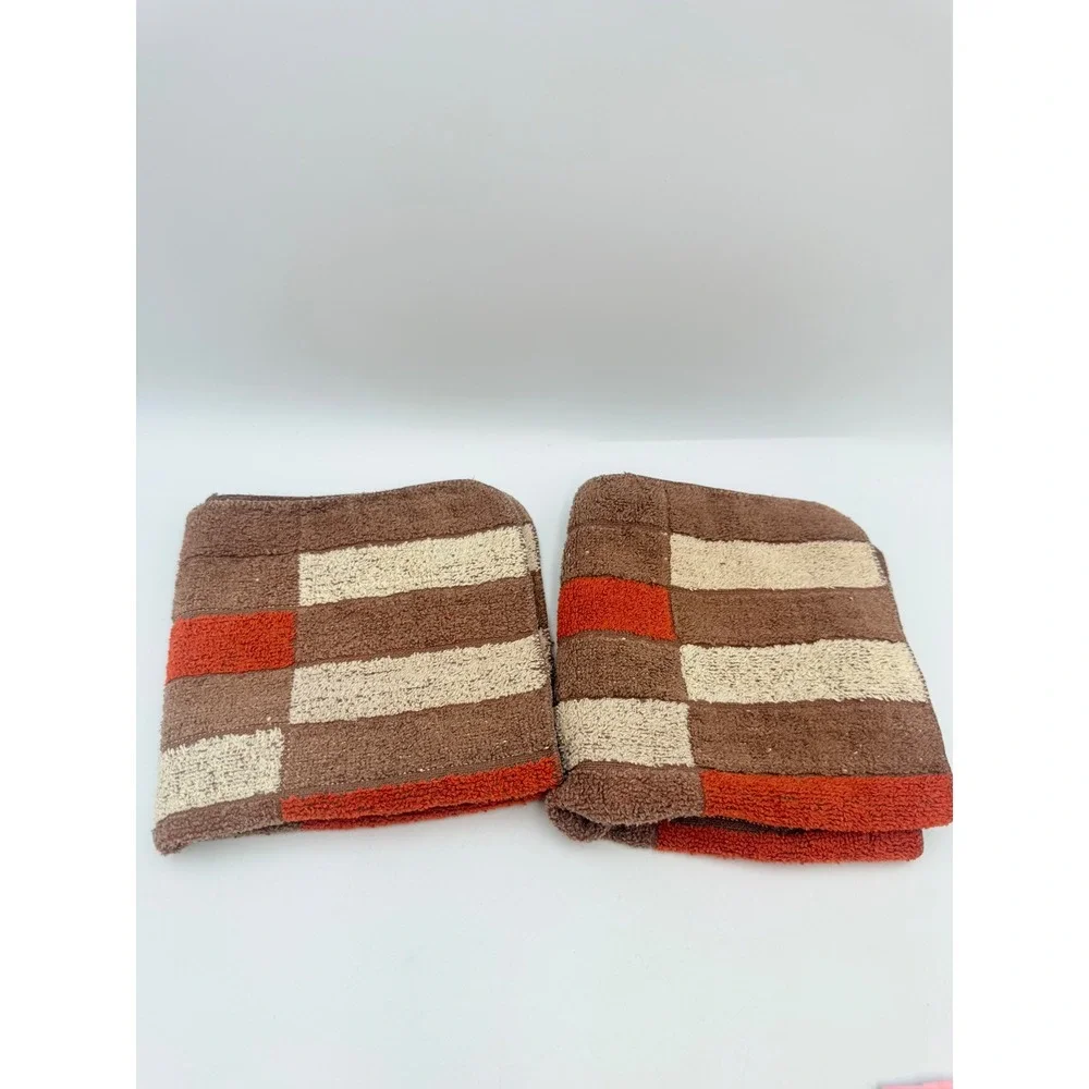 Vintage Sears Roebuck Co Washcloth Set 2 Brown Orange Geometric 70s MCM USA